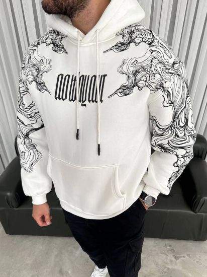 Kapşonlu Üç İplik Baskılı SweatShirt - Beyaz resmi